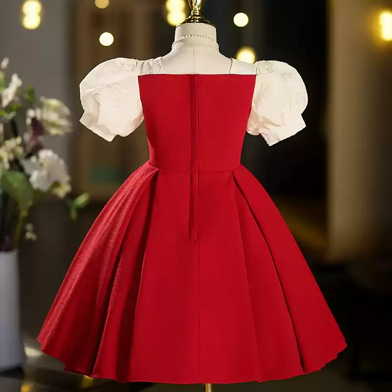 Short Sleeves Tea-Length Red Girl Party Dresses with Rhinestones - Image 2