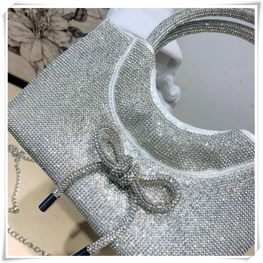 Silver Luxurious Sparkling Crystal Fashion Wedding Party Clutch Bag with Bowknot - Image 10