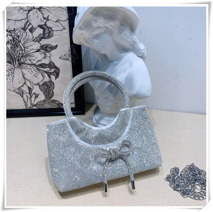 Silver Luxurious Sparkling Crystal Fashion Wedding Party Clutch Bag with Bowknot - Image 8