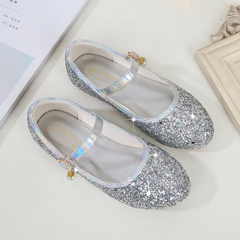 Sparkling Sequins Low Heel Round Toe Minimalist Girl's Shoes with Buckle & Pearl - Image 2