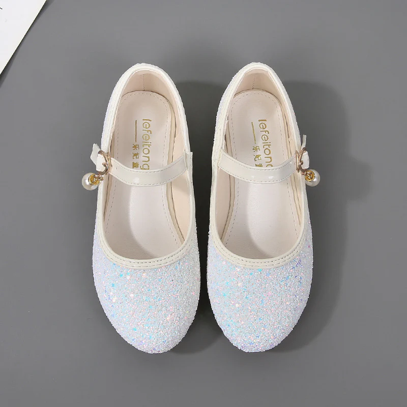 Sparkling Sequins Low Heel Round Toe Minimalist Girl's Shoes with Buckle & Pearl - Image 3