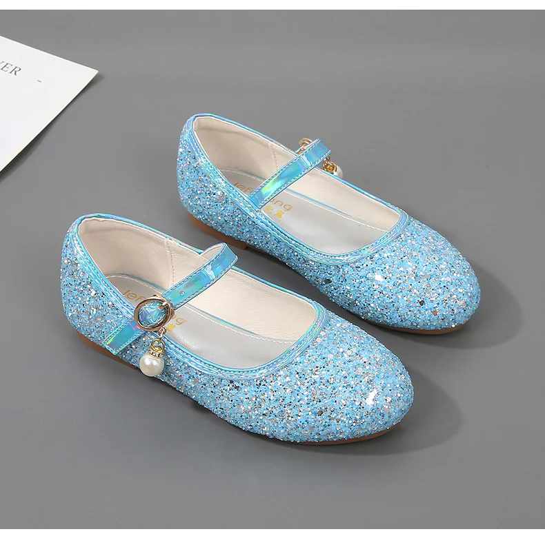 Sparkling Sequins Low Heel Round Toe Minimalist Girl's Shoes with Buckle & Pearl - Image 5