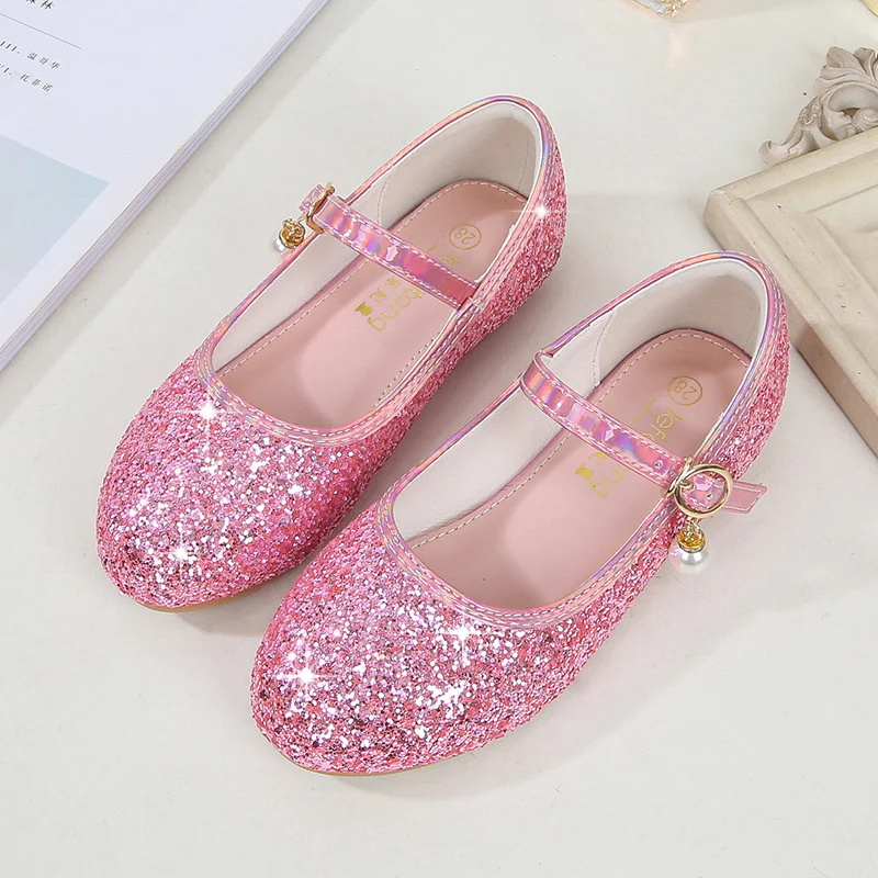 Sparkling Sequins Low Heel Round Toe Minimalist Girl's Shoes with Buckle & Pearl - Image 7