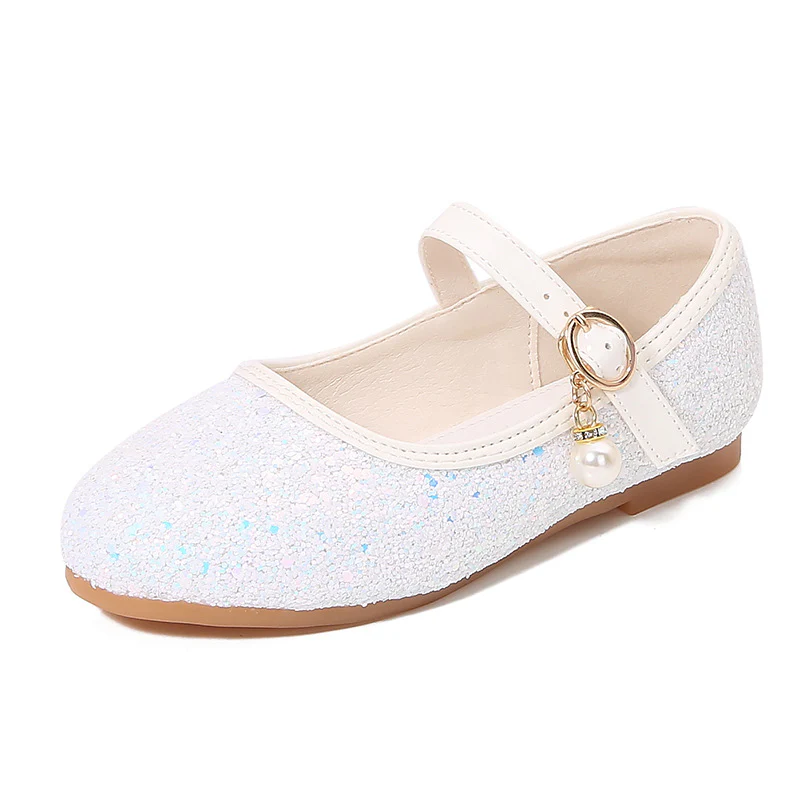 Sparkling Sequins Low Heel Round Toe Minimalist Girl's Shoes with Buckle & Pearl - Image 9