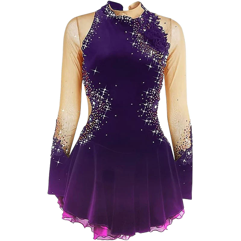 Sparkling Women's Girls' Long Sleeves Training Practice Elegant Figure Skating Dress - Image 7