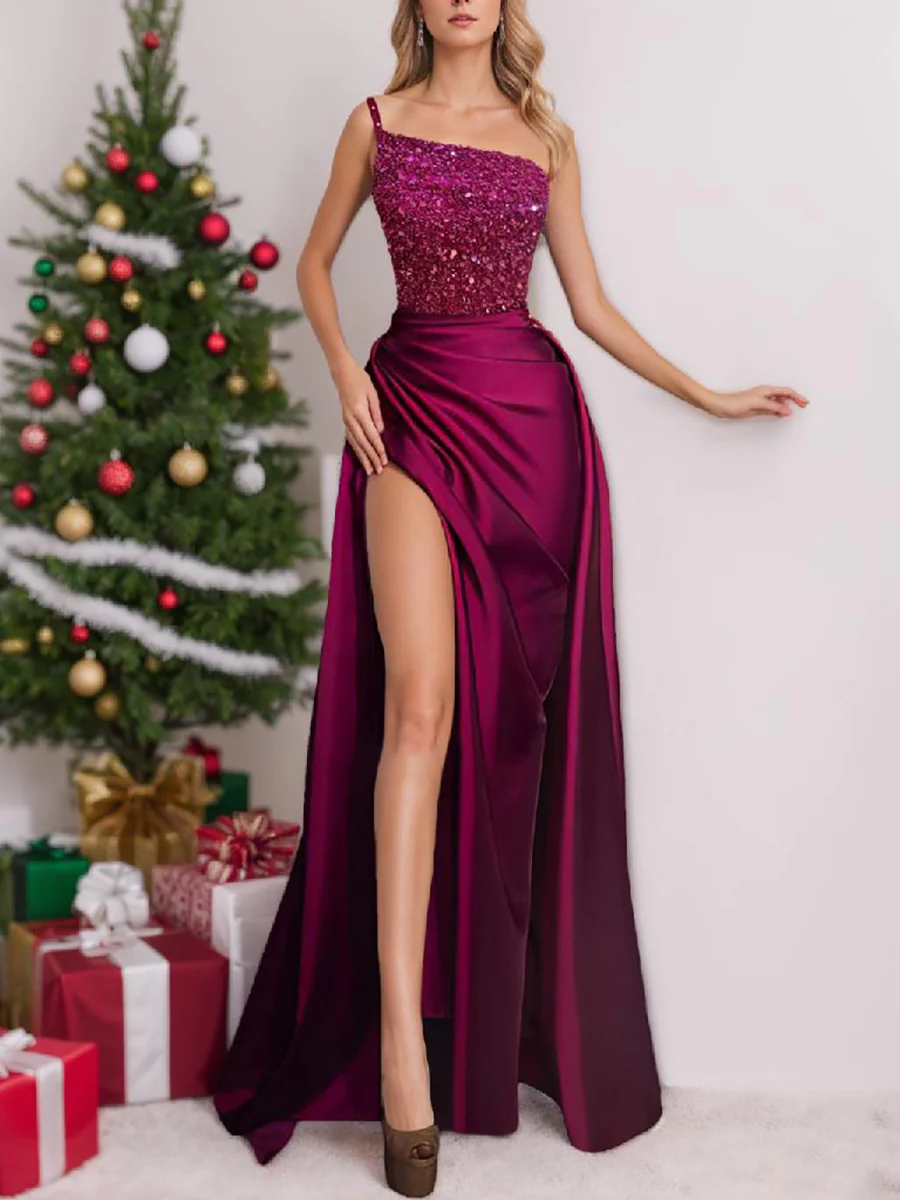 Sparkly Fuchsia Floor Length Evening Gown with Split - Image 3