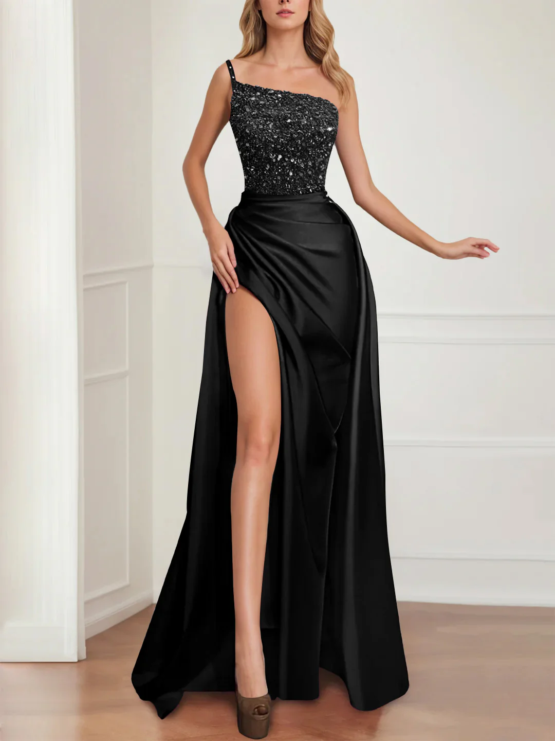 Sparkly Fuchsia Floor Length Evening Gown with Split - Image 4