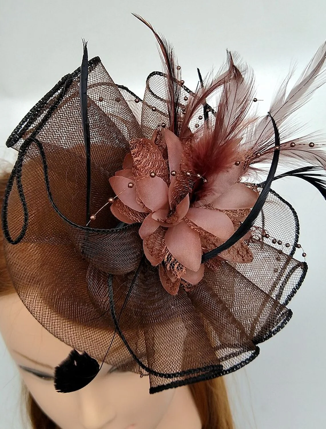 Special Occasion Fascinators Net Wedding Hats Flower Headpiece & Beading - Image 5