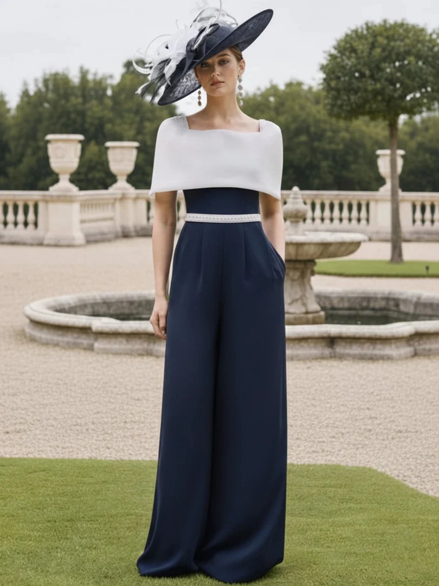 Square Collar Stretch Satin Mother of the Bride Jumpsuit Floor-Length Cape Sleeves Sash - Image 4