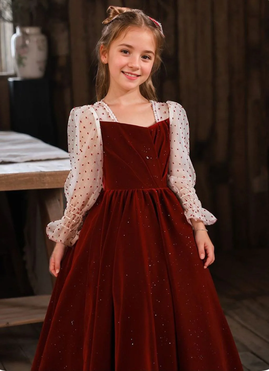 Square Neck Floor Length Princess Long Sleeves Flower Girl Dresses with Beading - Image 5