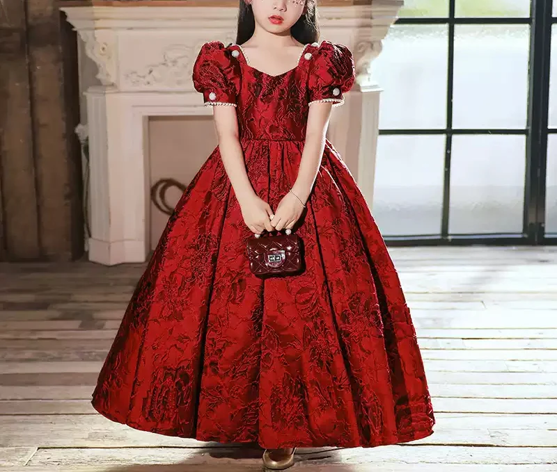 Square Neck Short Sleeves Floor Length Girl Party Dress with Beadings - Image 3