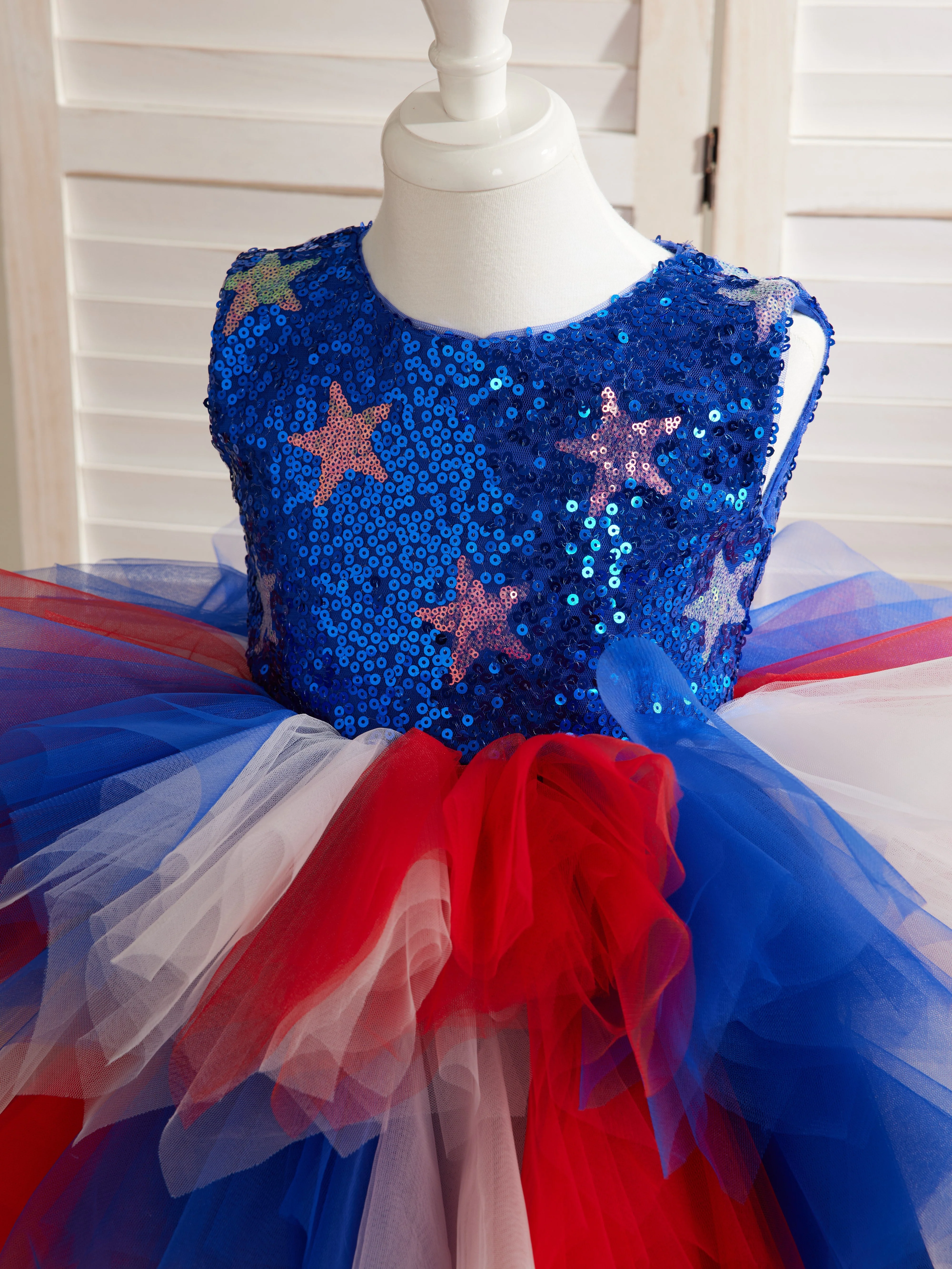 Star Sequins Tulle Knee-length Blue Girl Dress - Image 4