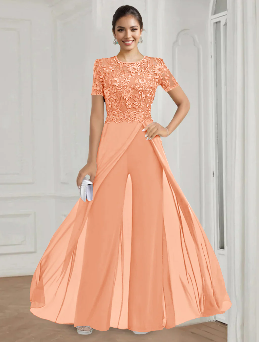Stretch Chiffon Round Neck Short Sleeves Floor Length Mother of the Bride Pantsuits with Appliques Lace - Image 13