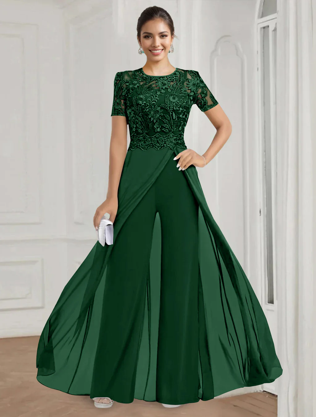 Stretch Chiffon Round Neck Short Sleeves Floor Length Mother of the Bride Pantsuits with Appliques Lace - Image 15