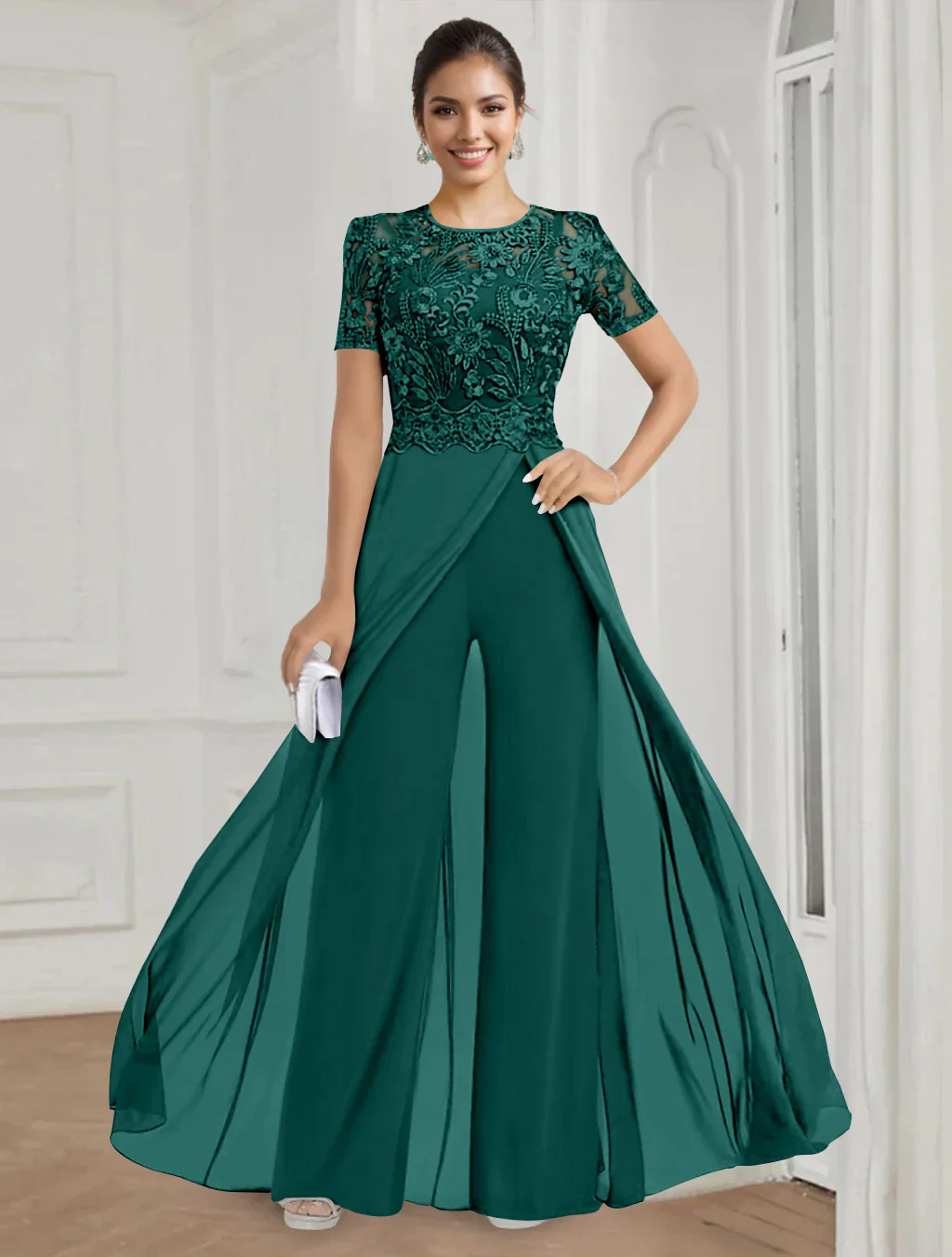 Stretch Chiffon Round Neck Short Sleeves Floor Length Mother of the Bride Pantsuits with Appliques Lace - Image 20