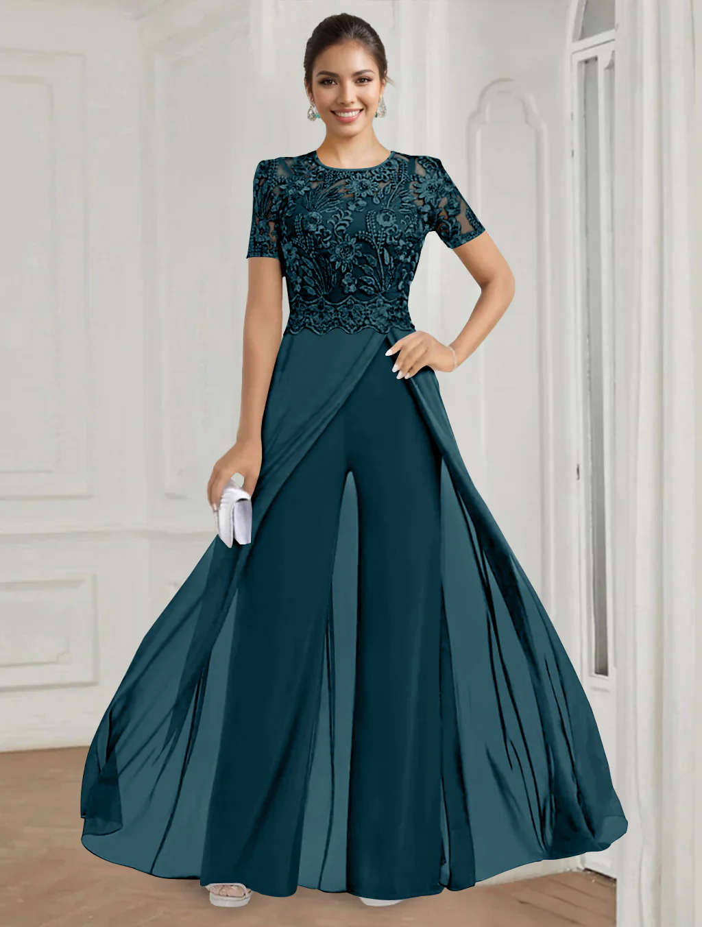 Stretch Chiffon Round Neck Short Sleeves Floor Length Mother of the Bride Pantsuits with Appliques Lace - Image 25