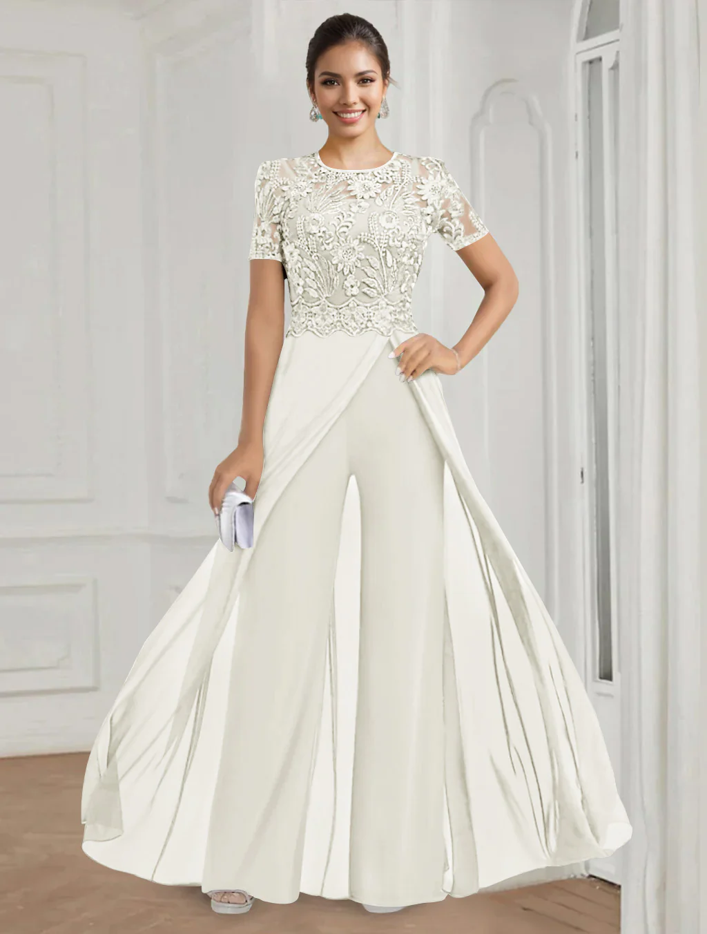 Stretch Chiffon Round Neck Short Sleeves Floor Length Mother of the Bride Pantsuits with Appliques Lace - Image 26