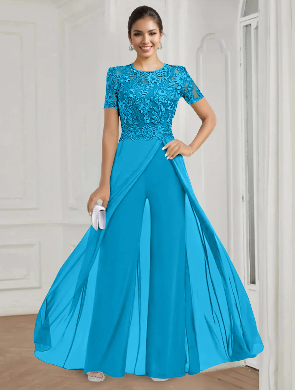 Stretch Chiffon Round Neck Short Sleeves Floor Length Mother of the Bride Pantsuits with Appliques Lace - Image 34