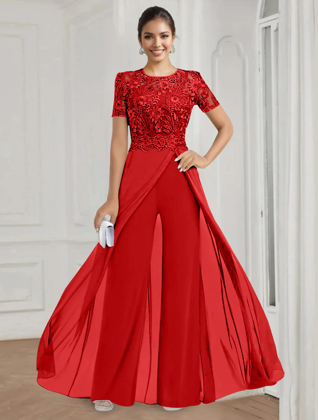 Stretch Chiffon Round Neck Short Sleeves Floor Length Mother of the Bride Pantsuits with Appliques Lace - Image 42