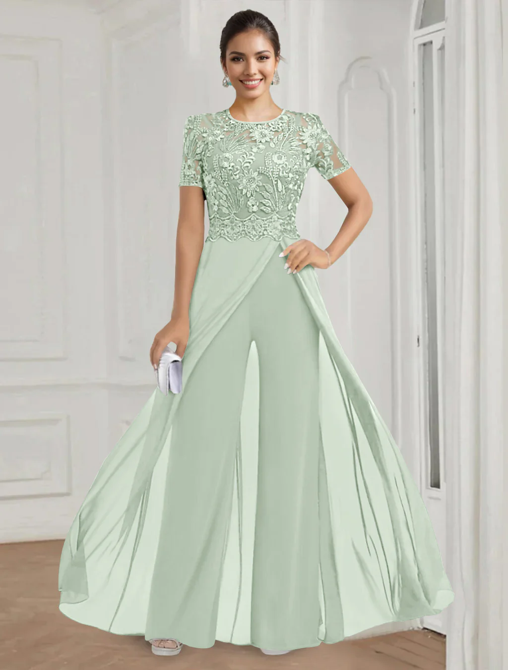 Stretch Chiffon Round Neck Short Sleeves Floor Length Mother of the Bride Pantsuits with Appliques Lace - Image 45
