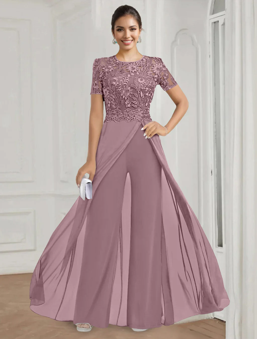 Stretch Chiffon Round Neck Short Sleeves Floor Length Mother of the Bride Pantsuits with Appliques Lace - Image 55