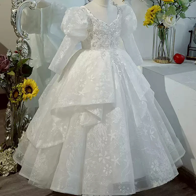 Sweetheart Long Sleeves Ball Gown Flower Girl Party Lace Dress with Crystal Appliques - Image 2