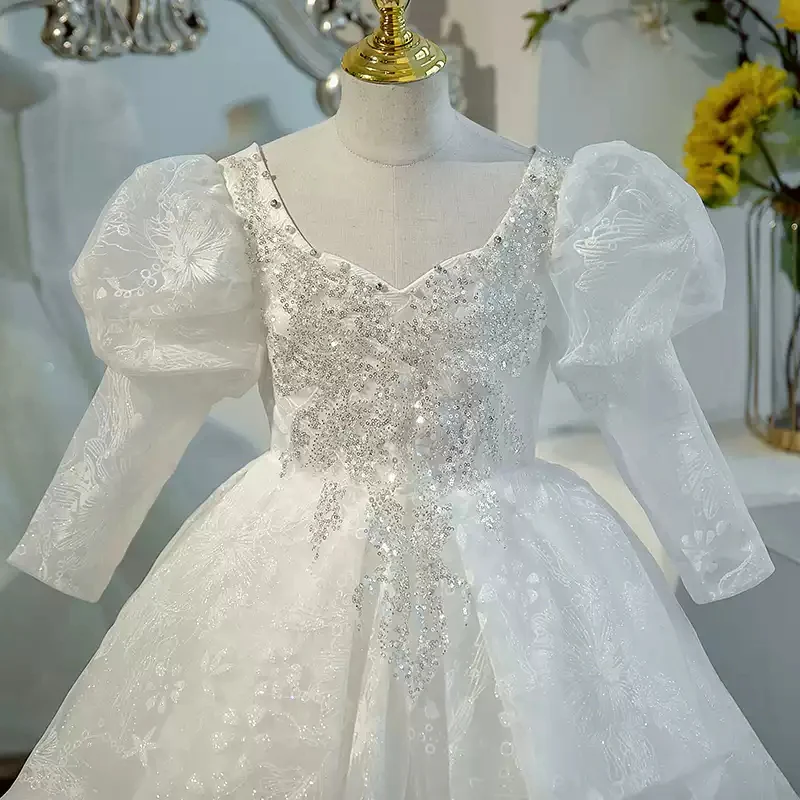 Sweetheart Long Sleeves Ball Gown Flower Girl Party Lace Dress with Crystal Appliques - Image 3