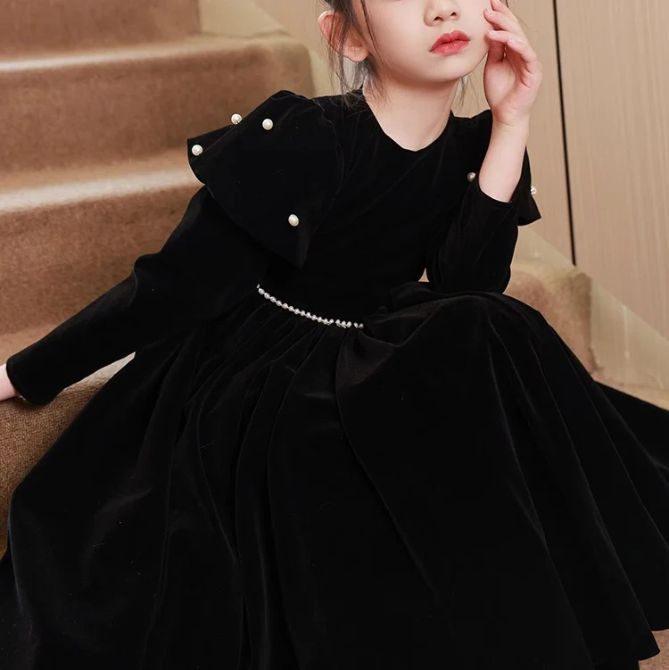 Tea-Length Round Neck Long Sleeves Black Girl Party Dress with Beading Sash - Image 4