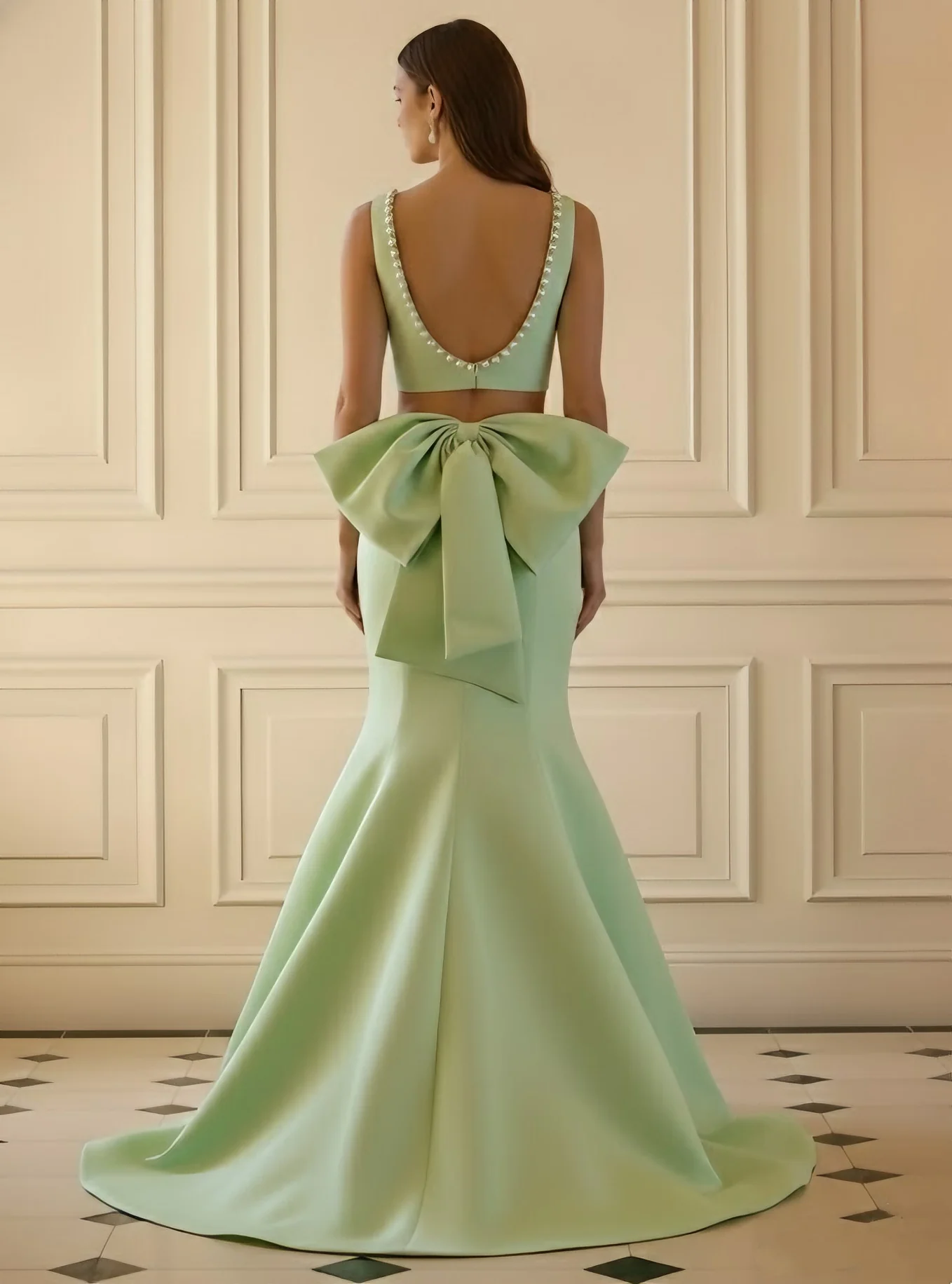 Trumpet/Mermaid 2 Pieces Square Collar Satin Evening Dresses with Bowknot Sleeveless Pearl Floor-Length Party Dresses - Image 2