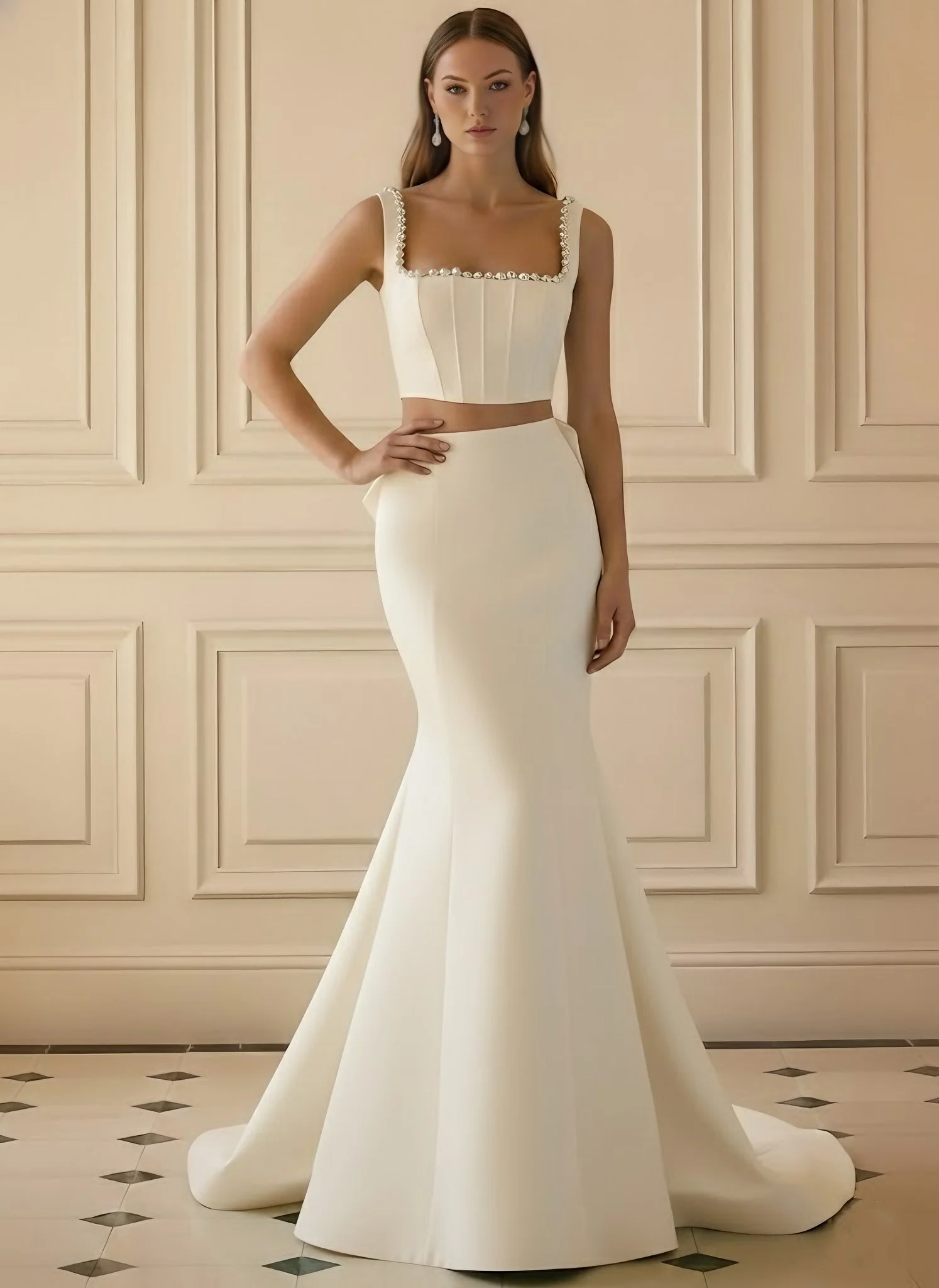 Trumpet/Mermaid 2 Pieces Square Collar Satin Evening Dresses with Bowknot Sleeveless Pearl Floor-Length Party Dresses - Image 4
