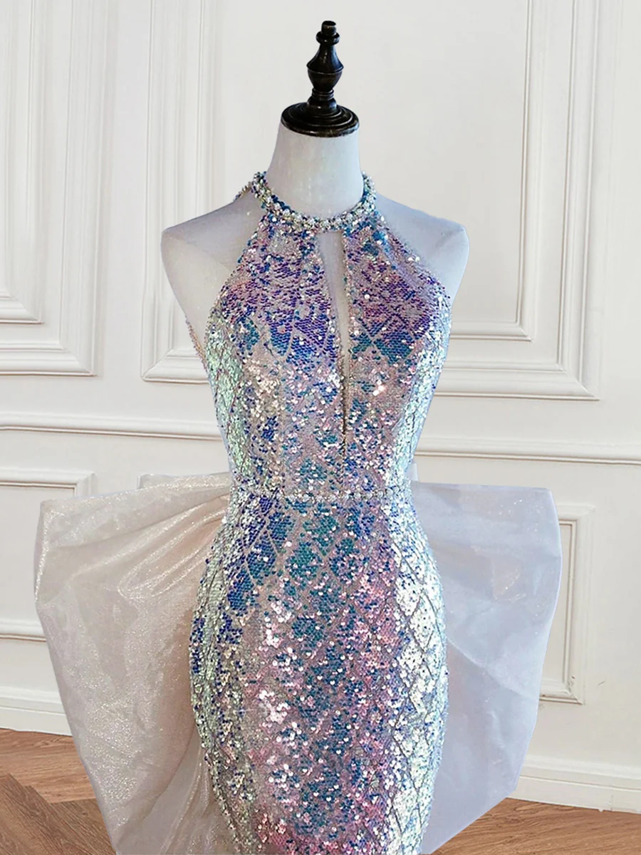 Trumpet/Mermaid Halter Sleeveless Sequined Evening Dresses with Bow & Pearl - Image 3