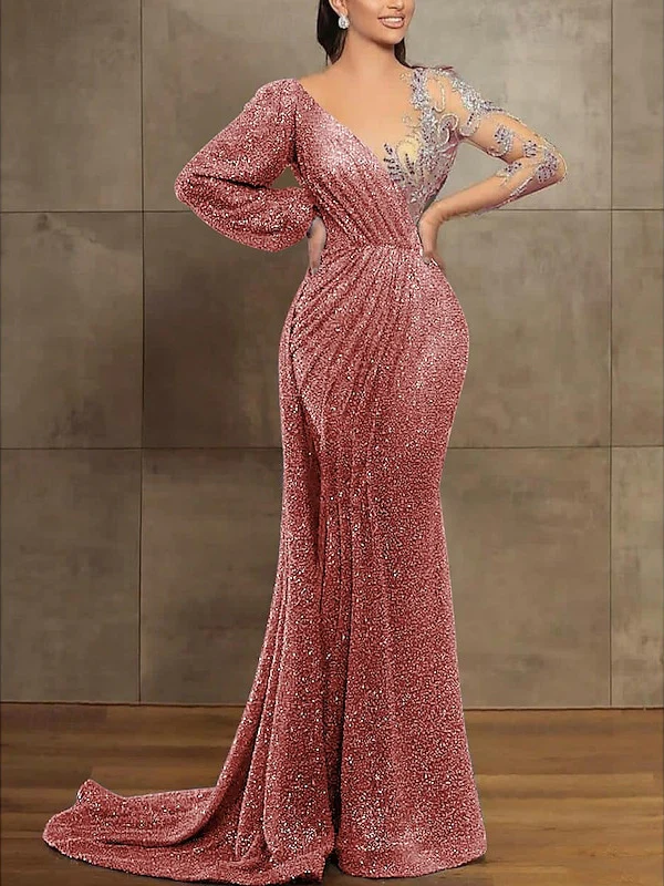 Trumpet/Mermaid Illusion Neck Long Sleeves Sequined Evening Dresses With Sequin & Pleats - Image 10