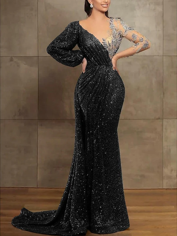 Trumpet/Mermaid Illusion Neck Long Sleeves Sequined Evening Dresses With Sequin & Pleats - Image 6