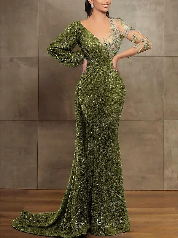Trumpet/Mermaid Illusion Neck Long Sleeves Sequined Evening Dresses With Sequin & Pleats - Image 8