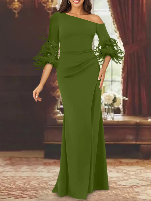 Trumpet/Mermaid Mother Of The Bride Feather Dresses with One Shoulder Long Sleeves Chiffon - Image 30