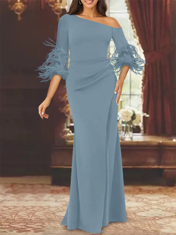 Trumpet/Mermaid Mother Of The Bride Feather Dresses with One Shoulder Long Sleeves Chiffon - Image 44