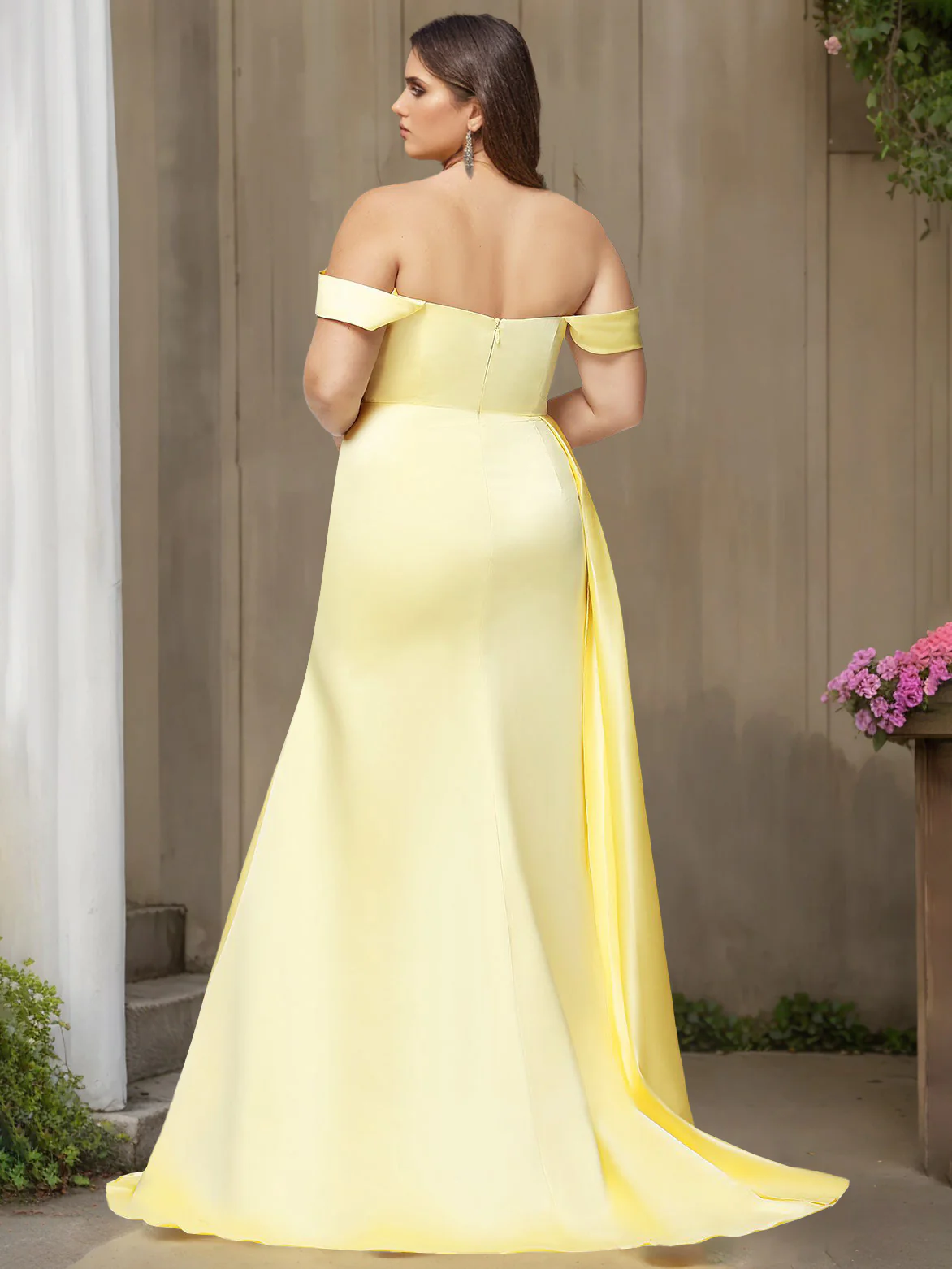 Trumpet/Mermaid Off-the-Shoulder Floor-length Plus Size Satin Prom Dresses with Split Side & Watteau Train - Image 2