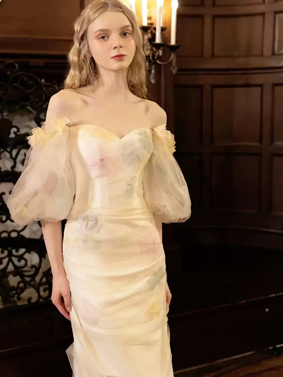 Trumpet/Mermaid Off-the-Shoulder Half Sleeves Floor-Length Printed Foral Wedding Dresses - Image 2