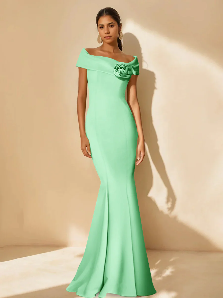 Trumpet/Mermaid Off-the-Shoulder Minimalist Mother of the Bride Dresses with Detachable Flower - Image 30