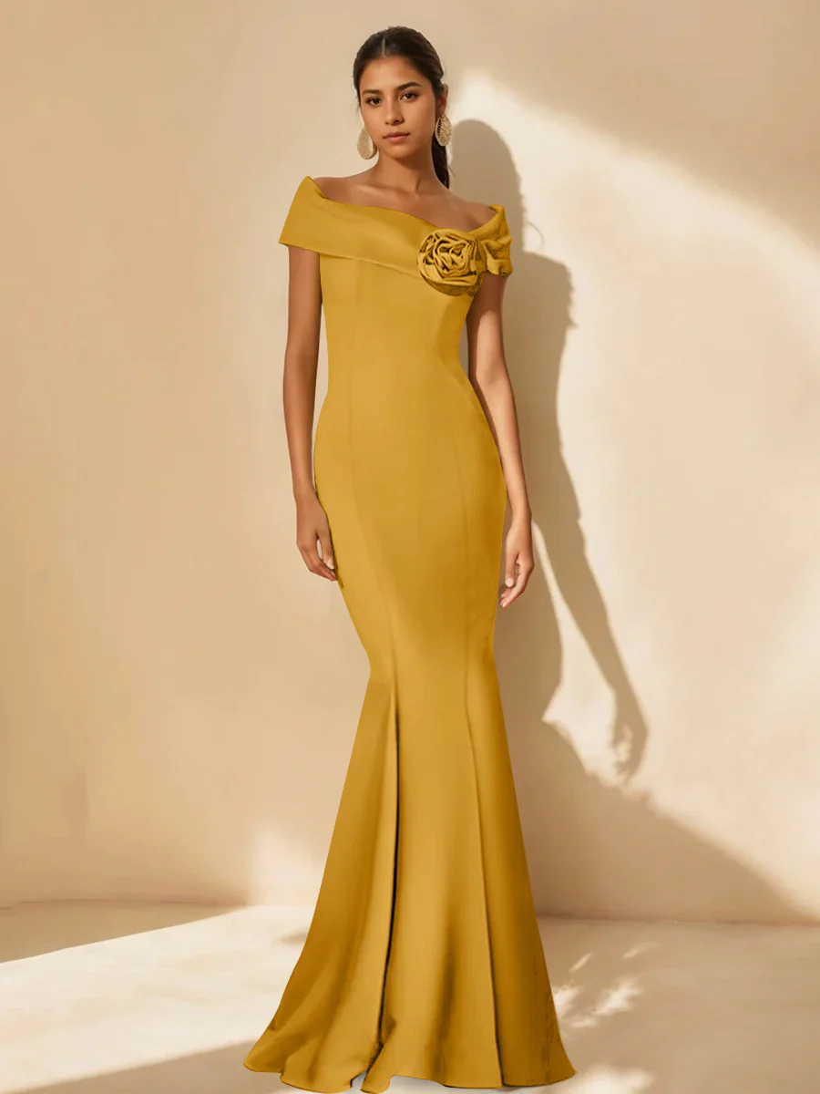 Trumpet/Mermaid Off-the-Shoulder Minimalist Mother of the Bride Dresses with Detachable Flower - Image 31
