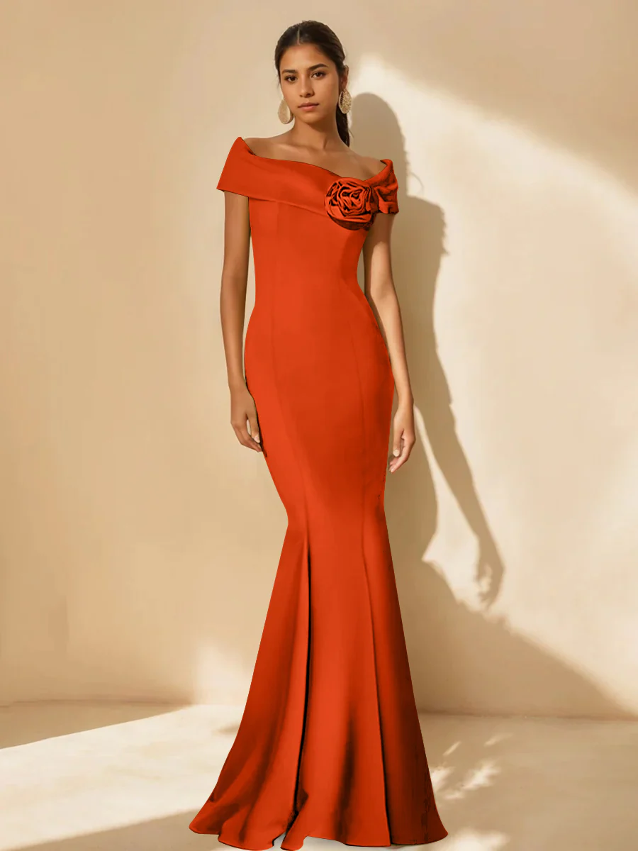Trumpet/Mermaid Off-the-Shoulder Minimalist Mother of the Bride Dresses with Detachable Flower - Image 36