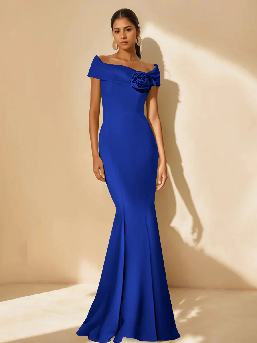 Trumpet/Mermaid Off-the-Shoulder Minimalist Mother of the Bride Dresses with Detachable Flower - Image 41