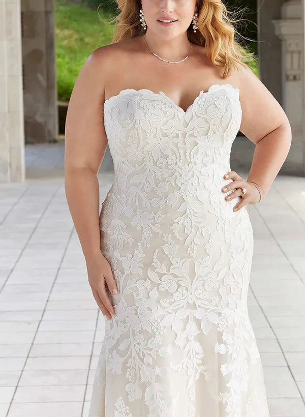 Trumpet/Mermaid Off-the-Shoulder Plus Size Lace Wedding Dress with Applique - Image 3