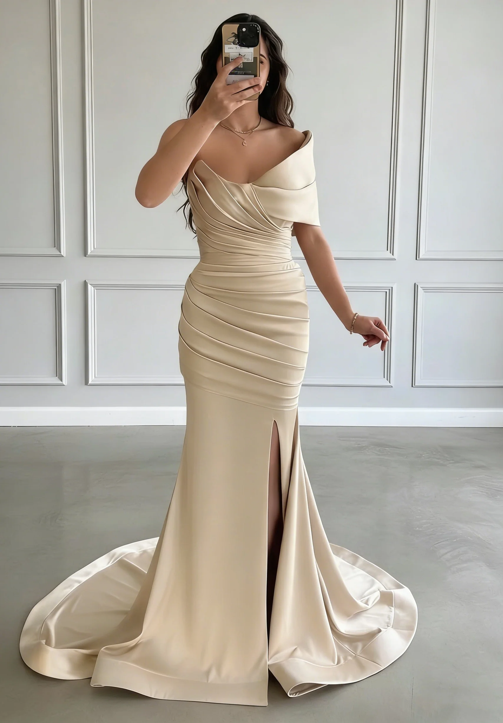 Trumpet/Mermaid One-Shoulder Satin Evening Dresses with Split Side Sleeveless Sweep Train Floor-Length Party Dresses - Image 3