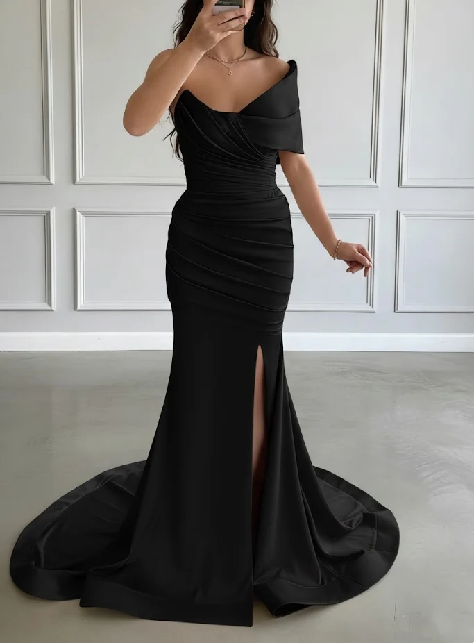 Trumpet/Mermaid One-Shoulder Satin Evening Dresses with Split Side Sleeveless Sweep Train Floor-Length Party Dresses - Image 4