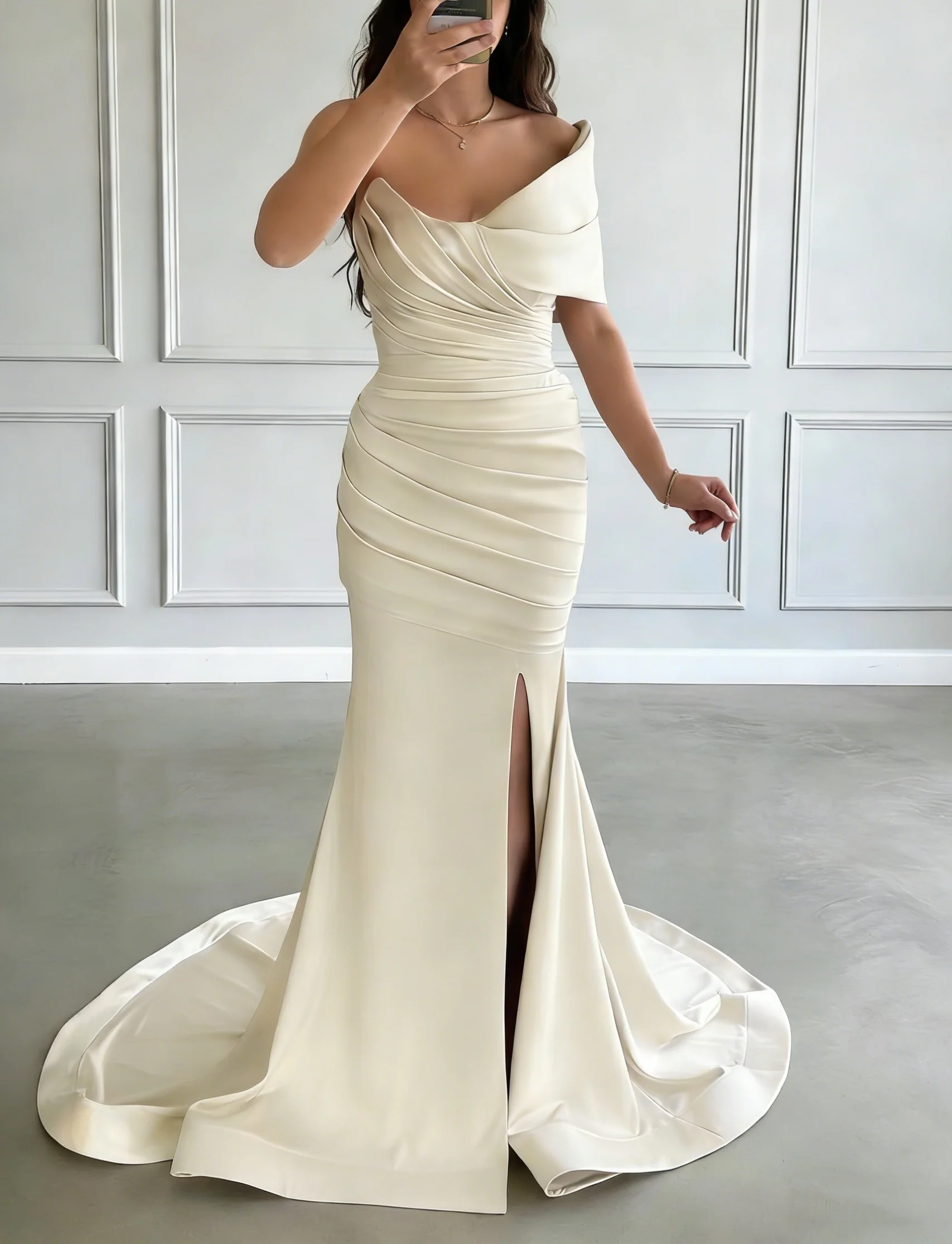 Trumpet/Mermaid One-Shoulder Satin Evening Dresses with Split Side Sleeveless Sweep Train Floor-Length Party Dresses - Image 5