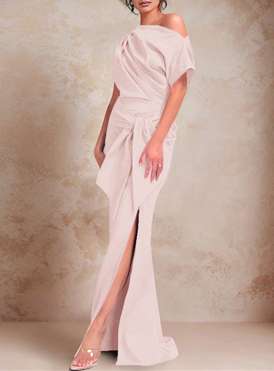 Trumpet/Mermaid One-Shoulder Short Sleeves Floor-Length Mother of the Bride Dresses with Ruffles & Split Side - Image 15
