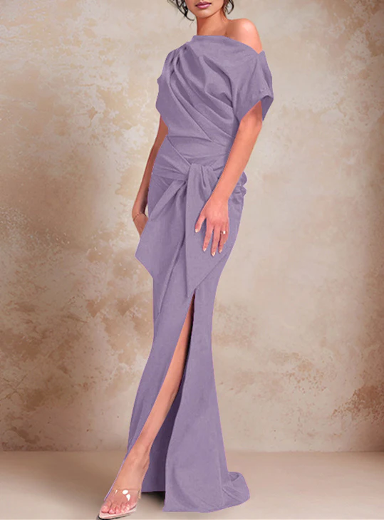Trumpet/Mermaid One-Shoulder Short Sleeves Floor-Length Mother of the Bride Dresses with Ruffles & Split Side - Image 31