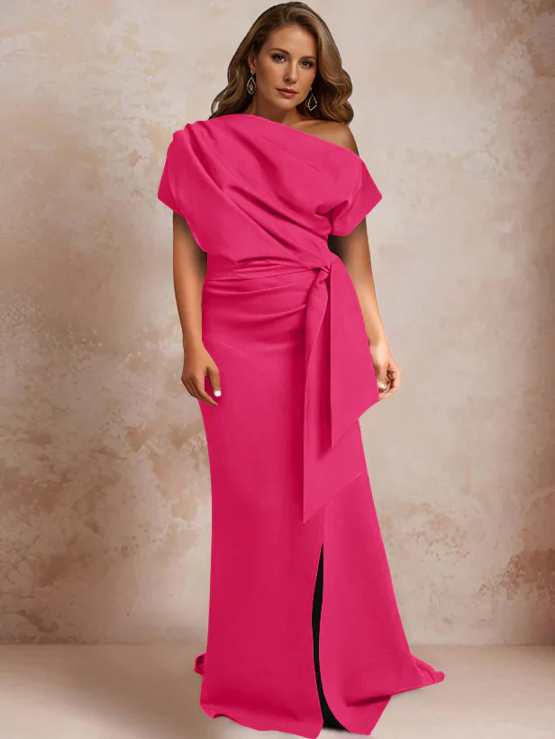 Trumpet/Mermaid One-Shoulder Short Sleeves Floor-Length Plus Size Mother of the Bride Dresses with Ruffles & Split Side - Image 17
