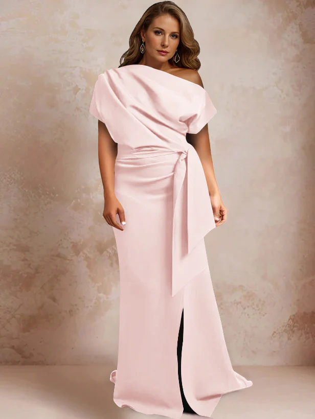 Trumpet/Mermaid One-Shoulder Short Sleeves Floor-Length Plus Size Mother of the Bride Dresses with Ruffles & Split Side - Image 24